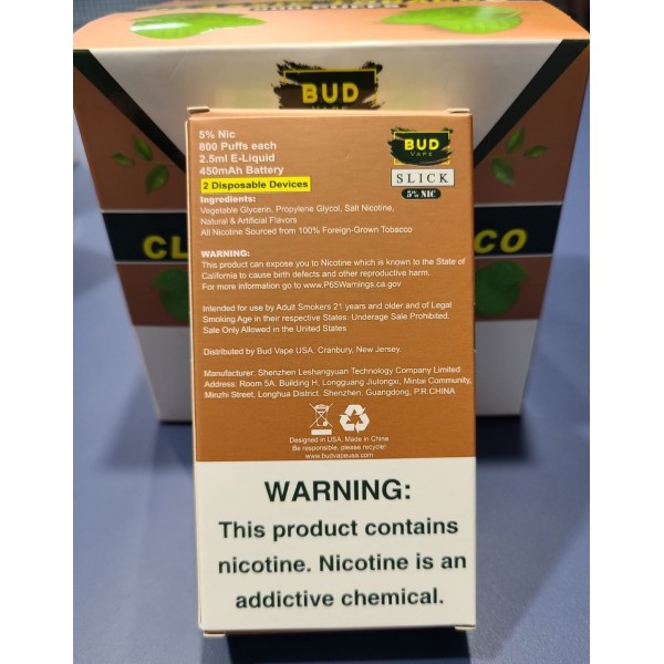 Bud Vape Slick [2 pack] - 1600 puffs - Classic Tobacco